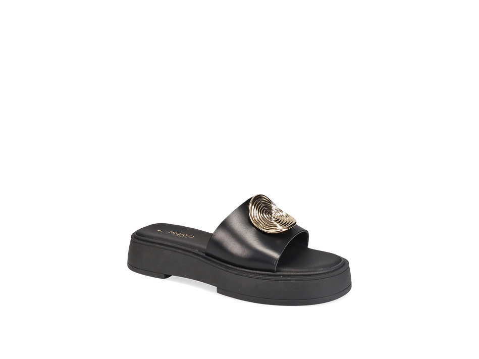 Black leather wedge sandal