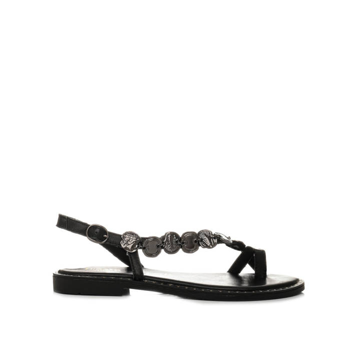 Μαύρο δερμάτινο σανδάλι με διακόσμηση