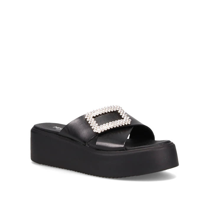 Black cross-straped wedge sandal