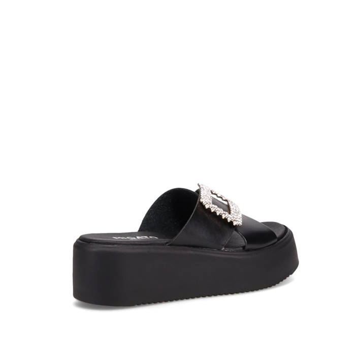 Black cross-straped wedge sandal
