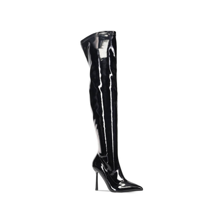 Black patent over-the-knee boot