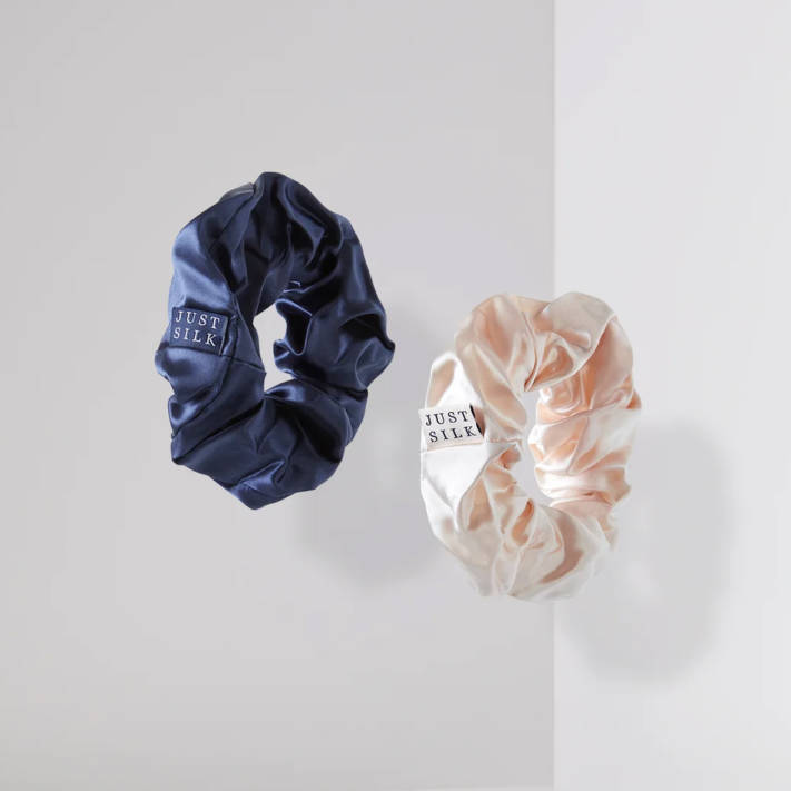Beige and blue large silk scrunchies