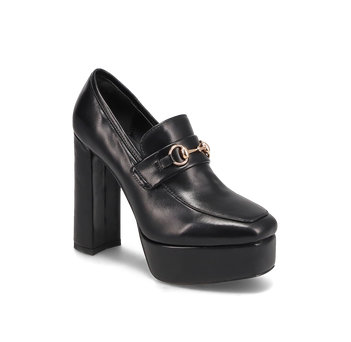 Black loafer with high block heel