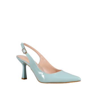 Light blue patent slingback pump