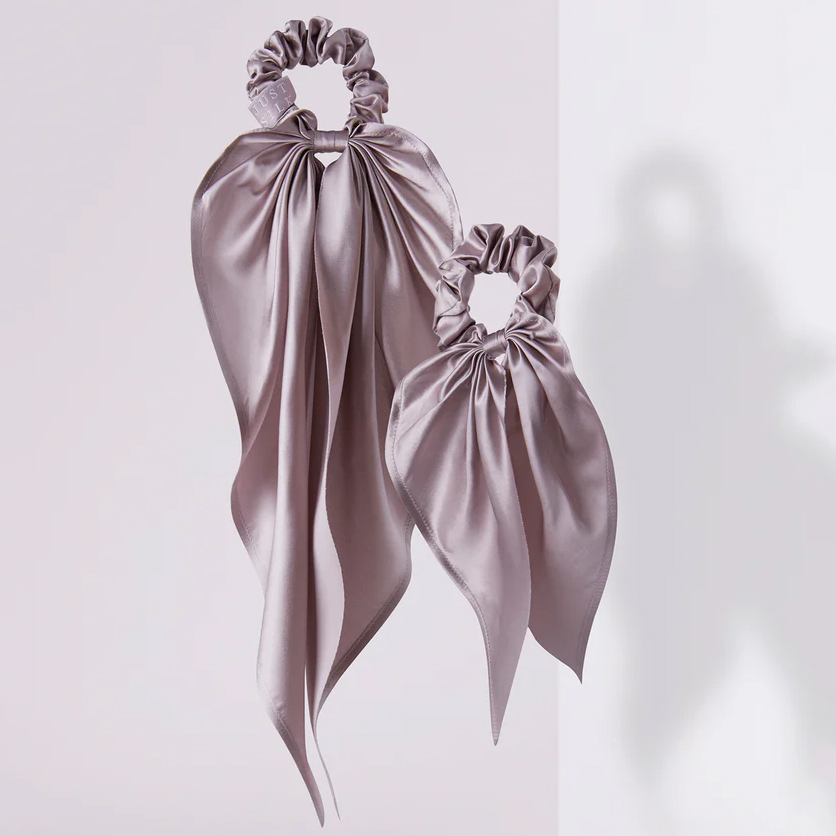 Λιλά μεταξωτά λαστιχάκια με κορδέλα