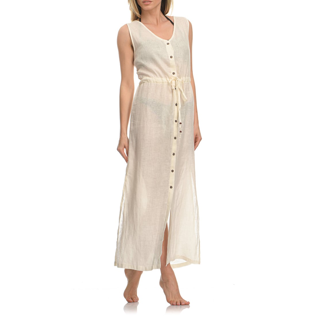 Εκρού λινό φόρεμα παραλίας φωτογραφία