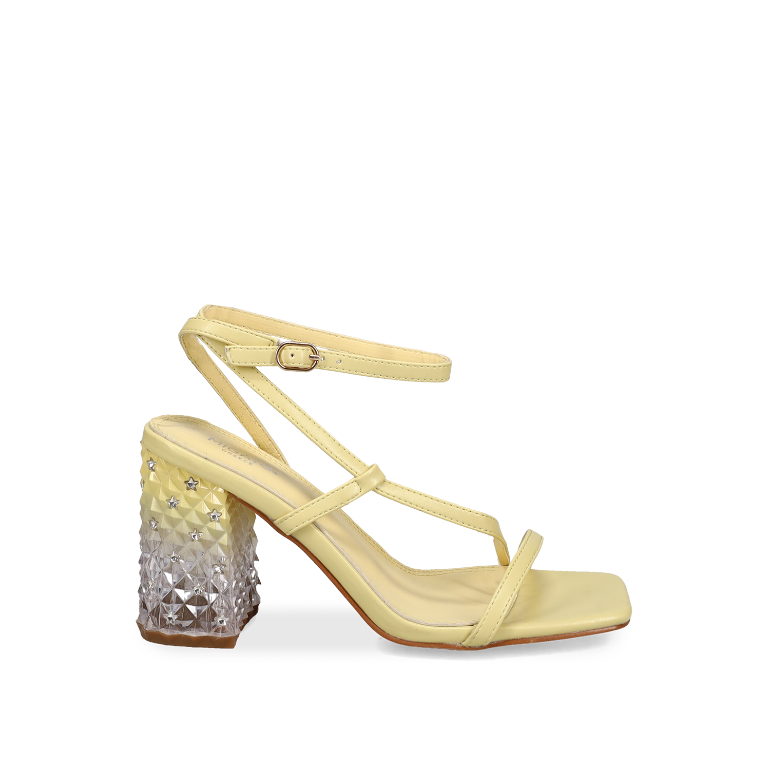 Κίτρινο πέδιλο με διακοσμημένο τακούνι