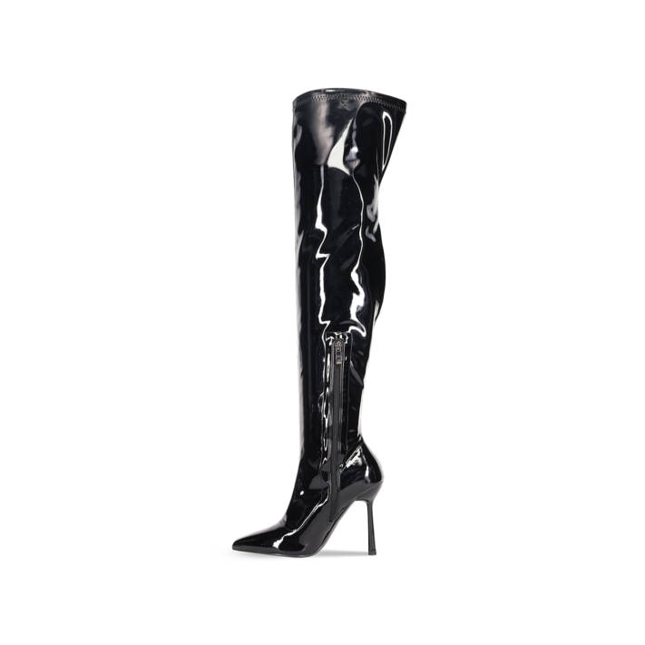 Black patent over-the-knee boot