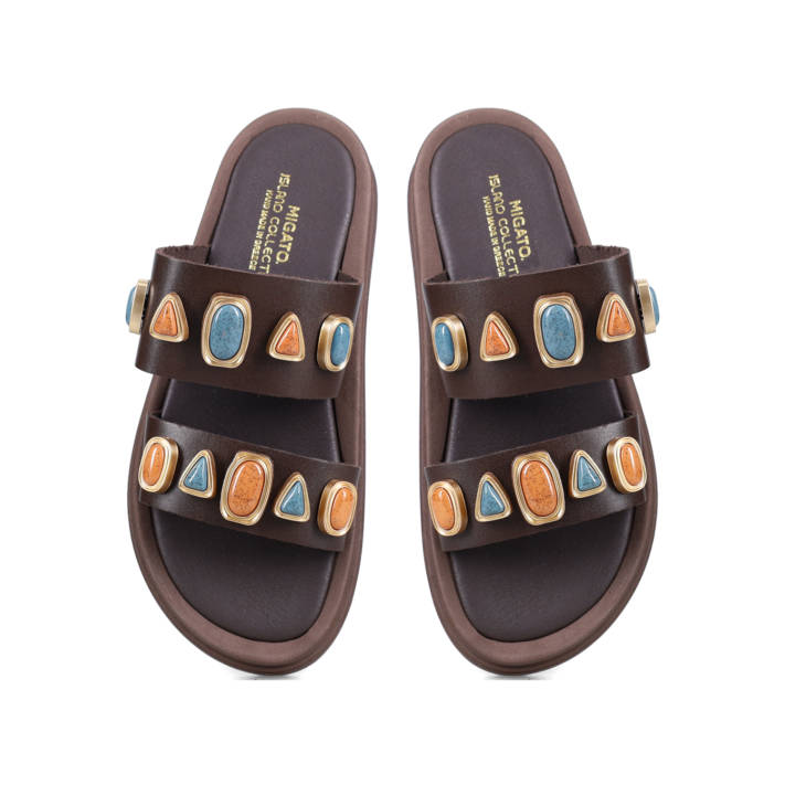 Καφέ δερμάτινο footbed σανδάλι