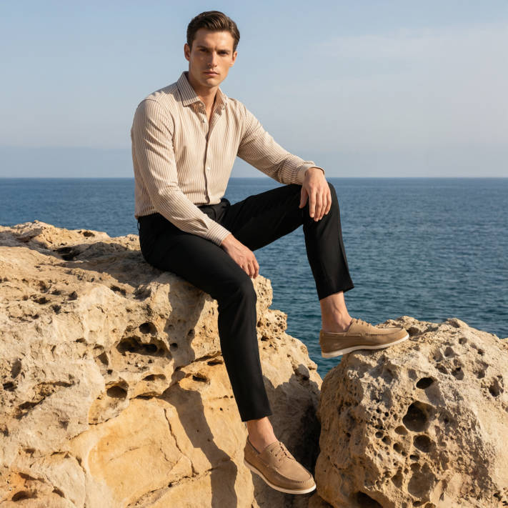 Μπεζ δερμάτινο ανδρικό boat shoe